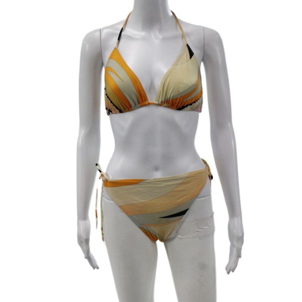 Emilio Pucci Women Beige Abstract Designer Bikini Set Size S